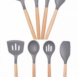 Gray Silicone Kitchen Utensil Set with Wooden Handles